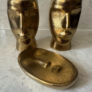 Gold Face Statue Kunst 3-teiliges Badezimmer Waschraum-Set Seifenschale Zahnpastenhalter Sparkle Wohnkultur Geschenk
