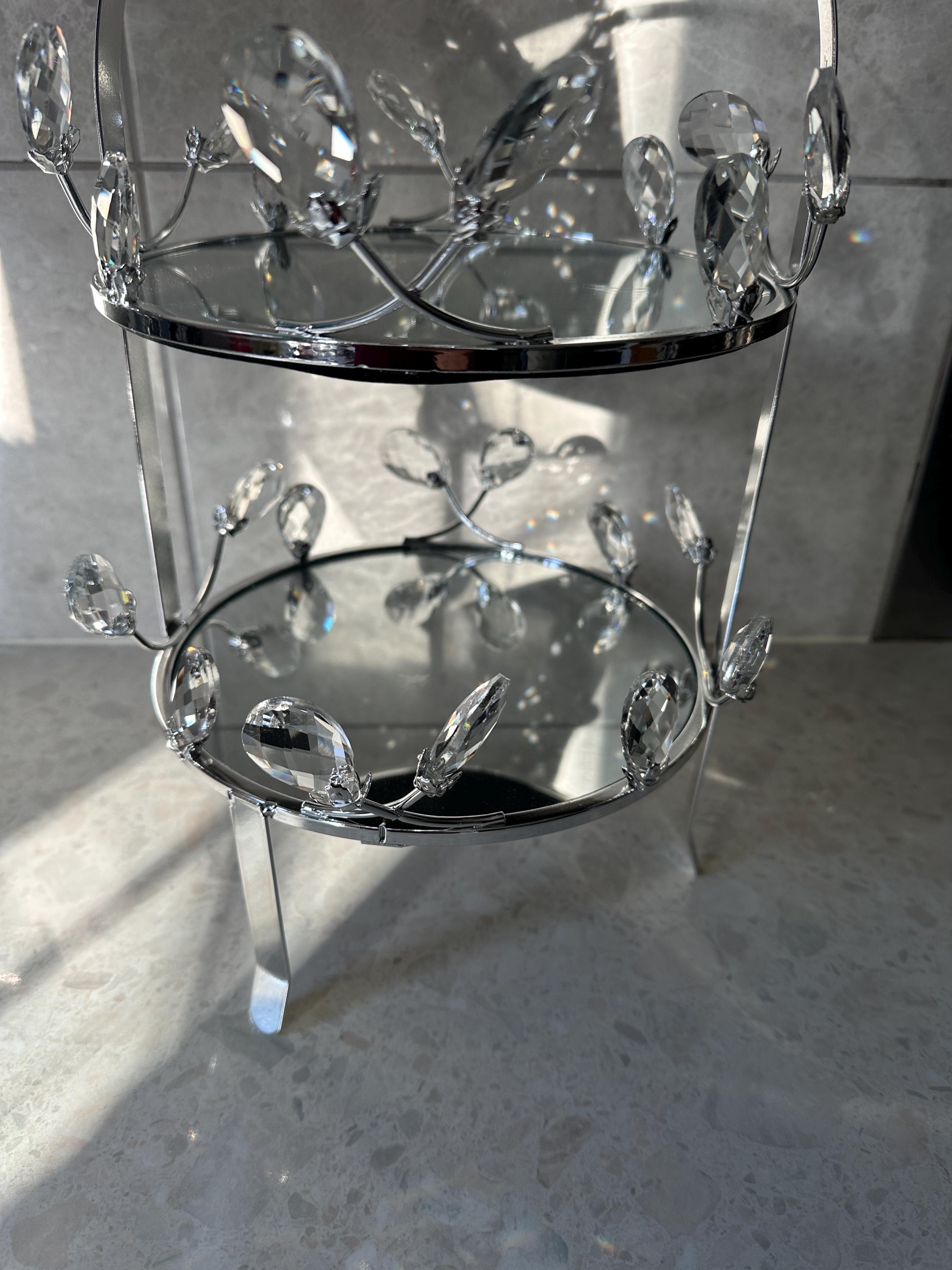 2 Tier runde Spiegeltablett Ornament Herzstück Silber Glas Servierplatte Parfüm Halter Organizer Küche Esszimmer Bling Kristall Rand Geschenk