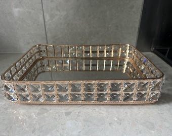Small size rectangle mirror tray ornament centerpiece gold glass serving platter perfume holder organiser kitchen dining bling crystal gift