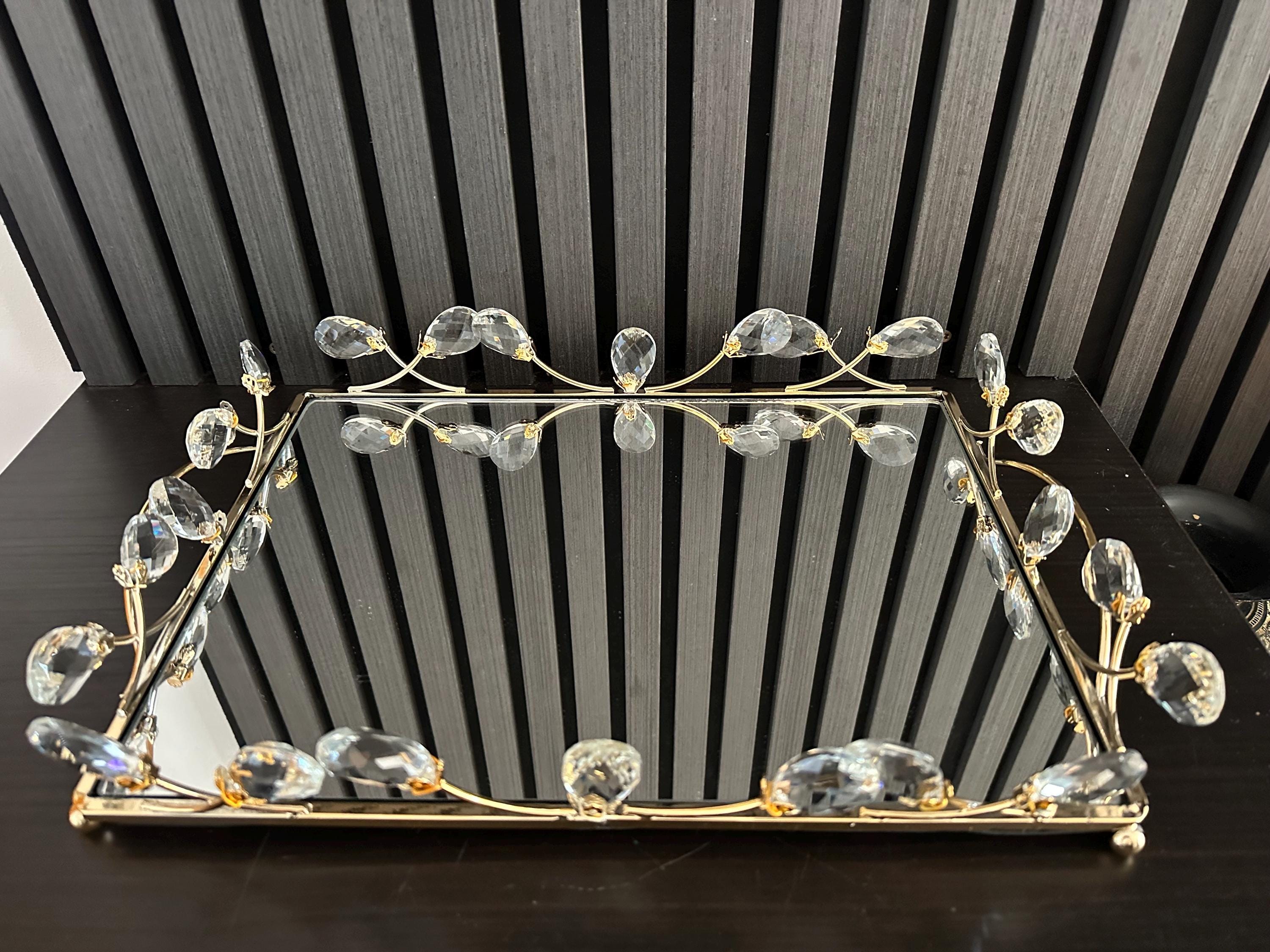 Large Rectangle Mirror Tray Ornament Centerpiece Gold Glass Serving Platter Perfume Holder Organiser Kitchen Dining Bling Crystal Gift