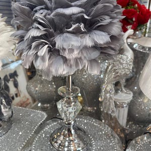 May include: A silver table lamp with a gray feather shade. The lamp has a crystal base and a silver metal stem. The lamp is sitting on a silver glitter surface.