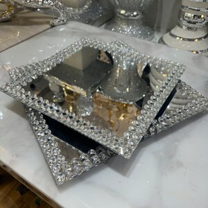 Turning spinning square mirror tray ornament centerpiece silver glass serving platter perfume holder organiser bling crystal gift Home decor