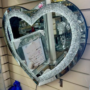 Silver Mirror Glass Heart Wall Hanging Art Plaque Crushed Diamond Diamante Crystal filled New Gift Home Decoration Decor Bling