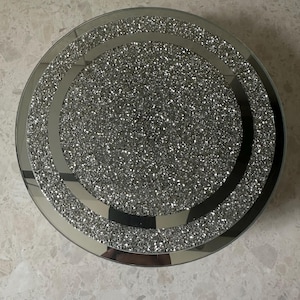 Turning spinning round crushed diamond mirror tray ornament silver glass serving platter perfume holder organiser bling gift Home decor