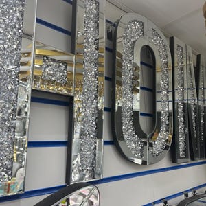 Silver Mirror Glass HOME Letters Sign Wall Hanging Shelf Art Plaque Crushed Diamond Crystal filled New Gift Home Decoration 50x30cm Bling