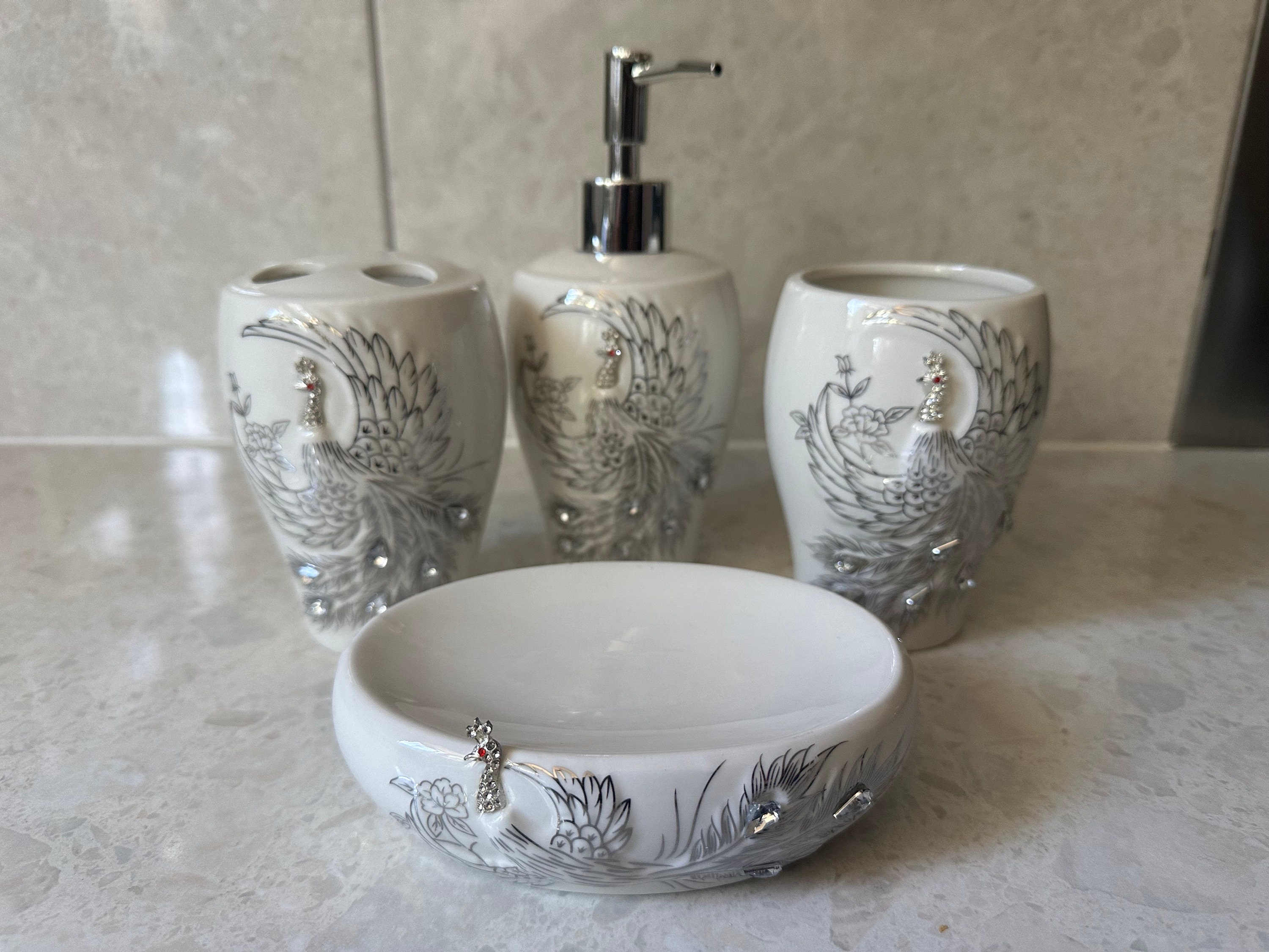 Marble Ceramic Bath Soap Dispenser Toothbrush Holder Set | Dongsheng