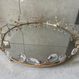 Large round mirror tray ornament centerpiece gold glass serving platter perfume holder organiser kitchen dining bling crystal border gift