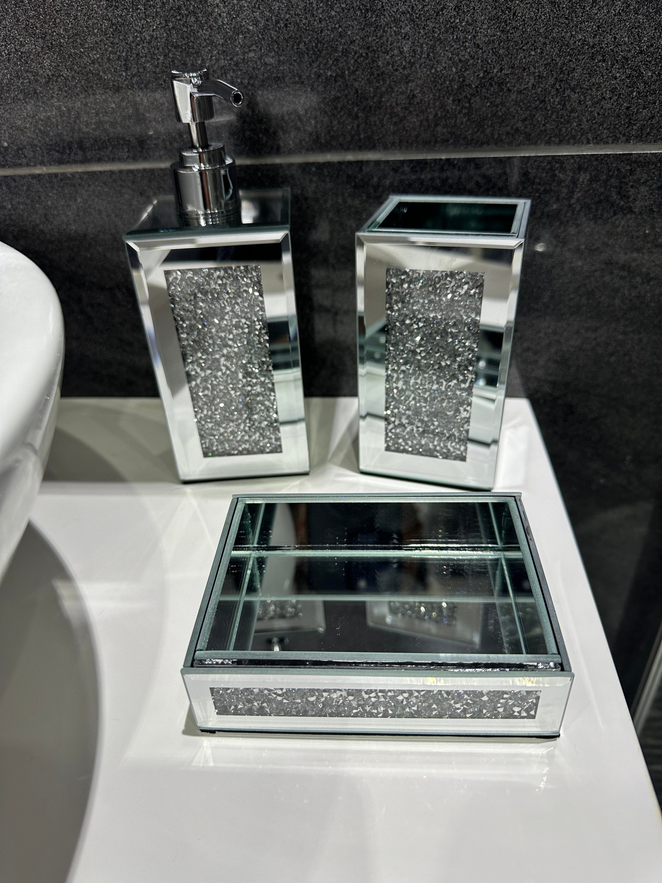 Mirror Glass 3 Piece Bathroom Set Soap Dispenser Dish Toothbrush Paste Holder Crushed Diamond Diamante Crystal Home Decor Bling Gift Sparkle Etsy UK
