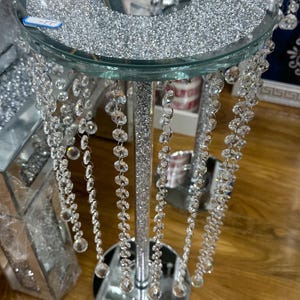 Silver crushed diamond diamante side end table lamp mirror crystal hanging ornament home decor decoration luxury bling sparkle gift 60cm