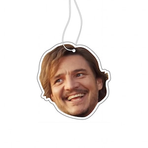 May include: A car air freshener featuring a close-up of a man's face with a big smile and long brown hair.