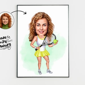 Aangepaste vrouw tennisser cartoon portret, tennis karikatuur, cadeau voor tennisser, tennis cartoon, aangepaste karikatuur van foto, tennis