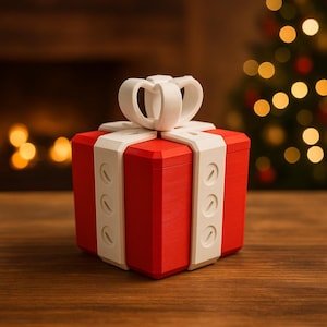 May include: A red gift box with a white bow and ribbon detail. The box is square-shaped and has a textured appearance. The background includes a blurred Christmas tree and fireplace, suggesting a festive theme.