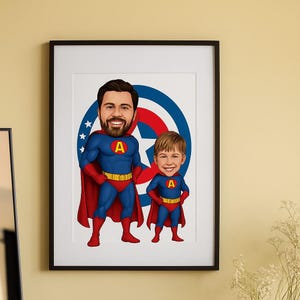 Personalized Dad and Two Son Superhero Cartoon Portrait, Custom Superhero Caricature Portrait, Gift for Dad, Super Dad, Superhero Kids Photo