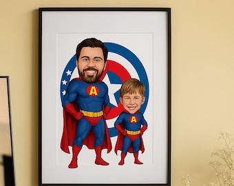 Personalized Dad and Two Son Superhero Cartoon Portrait, Custom Superhero Caricature Portrait, Gift for Dad, Super Dad, Superhero Kids Photo