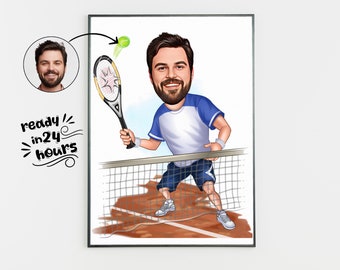 Custom Tennis Player Cartoon Portrait, Personalized Caricature (Digital File)