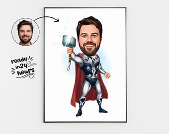 May include: A digital illustration of a person dressed as Thor, a superhero from Marvel Comics. The person is holding a hammer with lightning bolts coming from it. The background is a light blue with white clouds. The image is a caricature of a person.