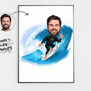 Surfing Cartoon Drawing from Photo, Custom Surf Boy Gift, Funny Surf Gift for Men, Surf Caricature Portrait from Photo, Surf Lover Gift Idea