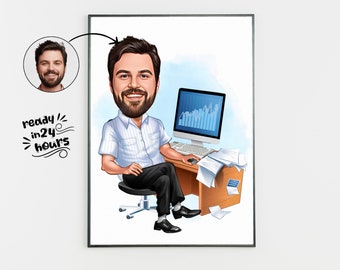 Custom Male Coworker Caricature Portrait, Personalized Cartoon Gift (Digital File)