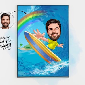 Surfing Cartoon Drawing from Photo, Custom Surf Boy Gift, Funny Surf Gift for Men, Surf Caricature Portrait from Photo, Surf Lover Gift Idea