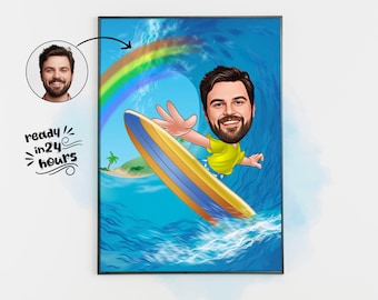 May include: A cartoon illustration of a person surfing on a surfboard with a rainbow in the background. The person is wearing a yellow shirt and has a blue and white striped swim trunks. The surfboard is blue and white with a yellow stripe. The background is a blue ocean with white waves.