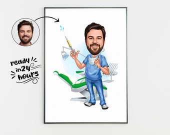 Personalized Male Dentist Cartoon Portrait, Custom Dentist Caricature Drawing from Photo, Funny Male Dentist Caricature, Gift for Dentist