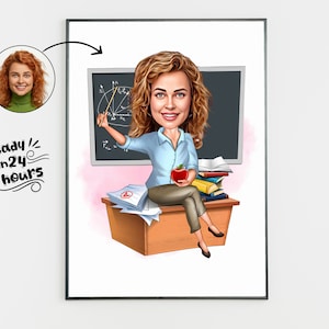 Custom Female Teacher Cartoon, Teacher Caricature from Photo, Gift for Teacher, Teacher Portrait, Teacher Cartoon, Fun Teacher Caricature