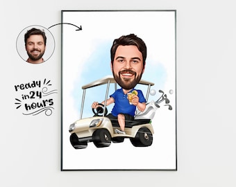 Personalized Golfer Caricature Portrait, Custom Cartoon Drawing (Digital)
