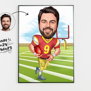 Retrato de dibujos animados de jugador de fútbol personalizado, caricatura de fútbol, regalo para jugador de fútbol, dibujos animados de rugby, caricatura personalizada de foto, rugby