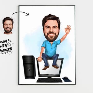 Computernerd cartoonportret, computernerd karikatuur, cadeau voor computernerd, computernerd cartoon, grappige computernerd karikatuur