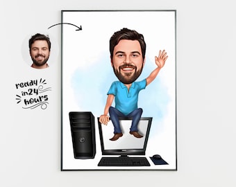 Custom Computer Geek Caricature Portrait, Gift for Him (Digital File)
