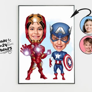 Ritratto personalizzato di un super papà e di un figlio, ritratto di un super papà, regalo per il papà, caricatura di un super papà, caricatura di un supereroe, caricatura da foto