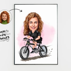 Retrato personalizado de dibujos animados de mujer ciclista, regalo de ciclista para mujeres, caricatura de ciclista femenina, caricatura de motociclista de la foto, caricatura de ciclista
