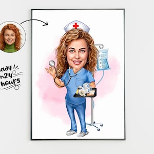 Niestandardowy portret pielęgniarki z kreskówki, portret pielęgniarki, prezent dla pielęgniarki, niestandardowa kreskówka, karykatura pielęgniarki ze zdjęcia, prezent karykatura pielęgniarki medycznej