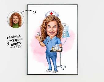 Custom Nurse Cartoon Portrait, Nurse Portrait, Gift for Nurse, Custom Cartoon, Nurse Caricature from Photo, Medical Nurse Caricature Gift