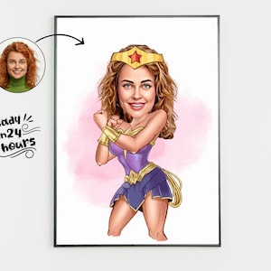 Custom Super Woman Cartoon Portrait, Woman Portrait, Woman Gift, Super Woman Caricature, Superhero Caricature Drawing, Caricature from Photo