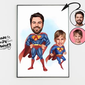 Custom Super Dad and Son Cartoon Portrait, Super Dad Portrait, Dad&#39;s Gift, Super Dad Caricature, Superhero Caricature, Caricature from Photo