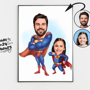 Custom Super Dad and Son Cartoon Portrait, Super Dad Portrait, Dad&#39;s Gift, Super Dad Caricature, Superhero Caricature, Caricature from Photo