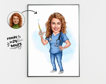 Custom Nurse Cartoon Portrait, Personalized Medical Caricature (Digital File)