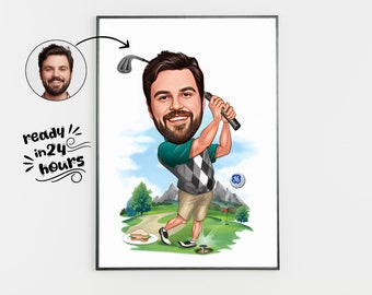 Personalized Golfer Cartoon Portrait, Custom Golfer Caricature Drawing from Photo, Funny Golfer Caricature, Gift for Golfer,Gifts for him
