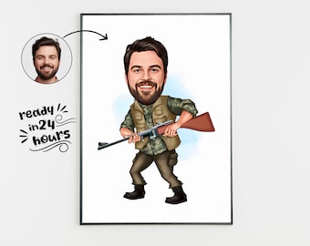 Personalized Hunter Cartoon Portrait, Custom Hunter Caricature Drawing from Photo, Funny Hunter Caricature, Gift for Hunter