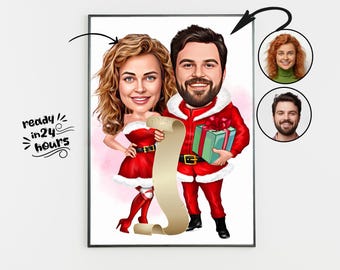 Custom Christmas Couple Cartoon Portrait, Christmas Portrait, Christmas Gift, Christmas Caricature, Xmas Caricature, Caricature from Photo