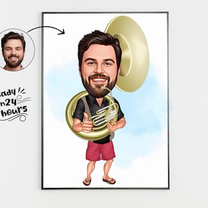 Waldhorn Cartoon Zeichnung vom Foto, lustiges Waldhorn Geschenk für Männer, Waldhorn Spieler Karikatur Porträt vom Foto, Musikliebhaber Geschenk