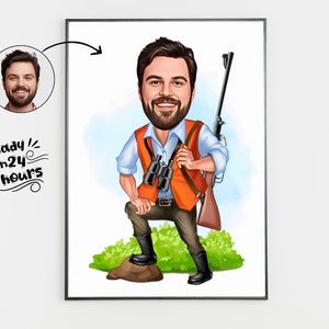 Personalized Hunter Cartoon Portrait, Custom Hunter Caricature Drawing from Photo, Funny Hunter Caricature, Gift for Hunter