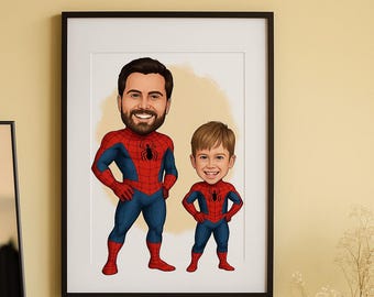 Personalized Dad and Two Son Superhero Cartoon Portrait, Custom Superhero Caricature Portrait, Gift for Dad, Super Dad, Superhero Kids Photo