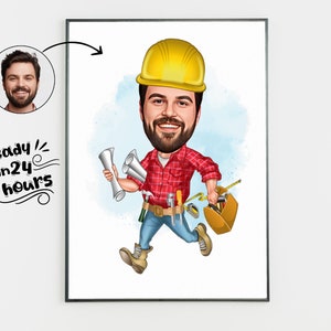 Portrait personnalisé de dessin animé de construction, Portrait de construction, Cadeau de construction, Caricature de chantier, Caricature sur mesure, Caricature