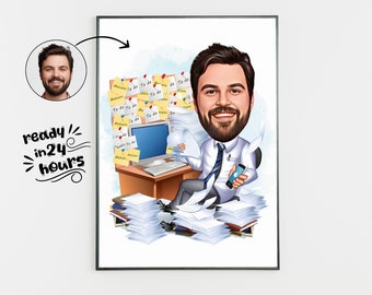 Custom Male Coworker Caricature Portrait, Personalized Cartoon Gift (Digital)
