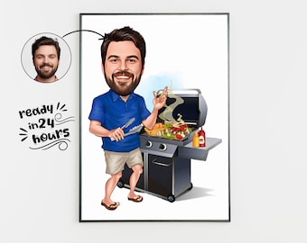 Custom BBQ Cartoon Portrait, BBQ Portrait, Gift for Barbecue Lover, Barbecue Caricature, Unique Barbecue Gift, BBQ Caricature from Photo