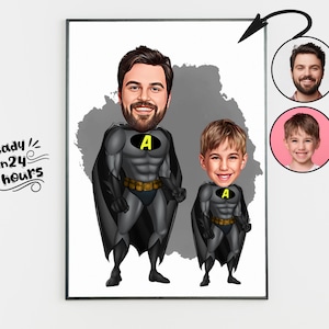Custom Super Dad and Son Cartoon Portrait, Super Dad Portrait, Dad&#39;s Gift, Super Dad Caricature, Superhero Caricature, Caricature from Photo
