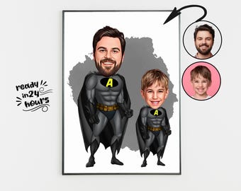 Custom Super Dad and Son Cartoon Portrait, Super Dad Portrait, Dad's Gift, Super Dad Caricature, Superhero Caricature, Caricature from Photo