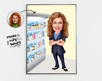 Custom Female Pharmacist Cartoon Portrait, Personalized Caricature (Digital File)